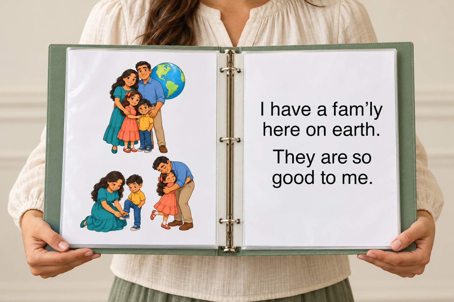 Usage mockup: a teacher holds an open three-ring binder upright, with a portrait illustration on the left and matching lyrics on the right.